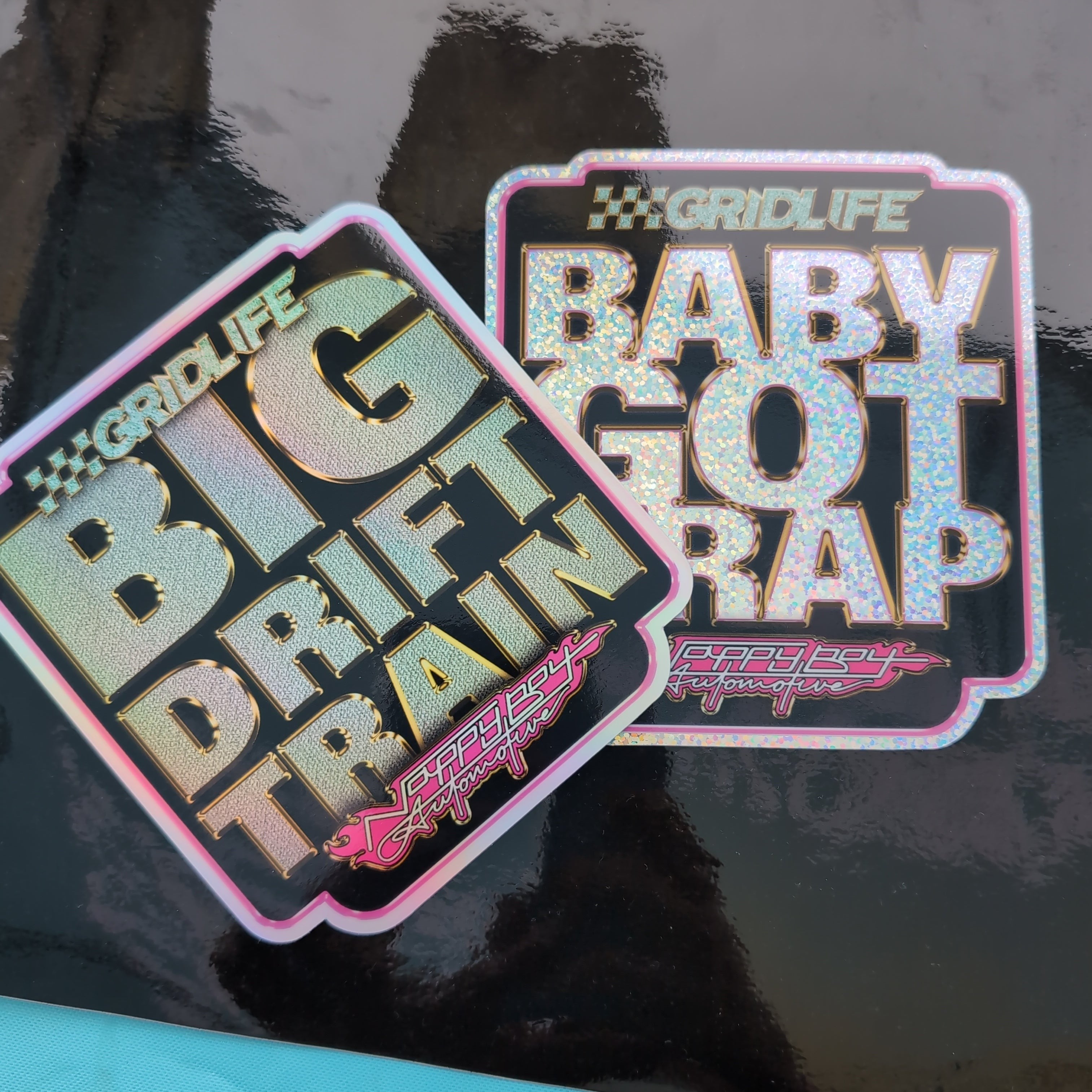 Two pack of GRIDLIFE x NappyBoy Automotive stickers