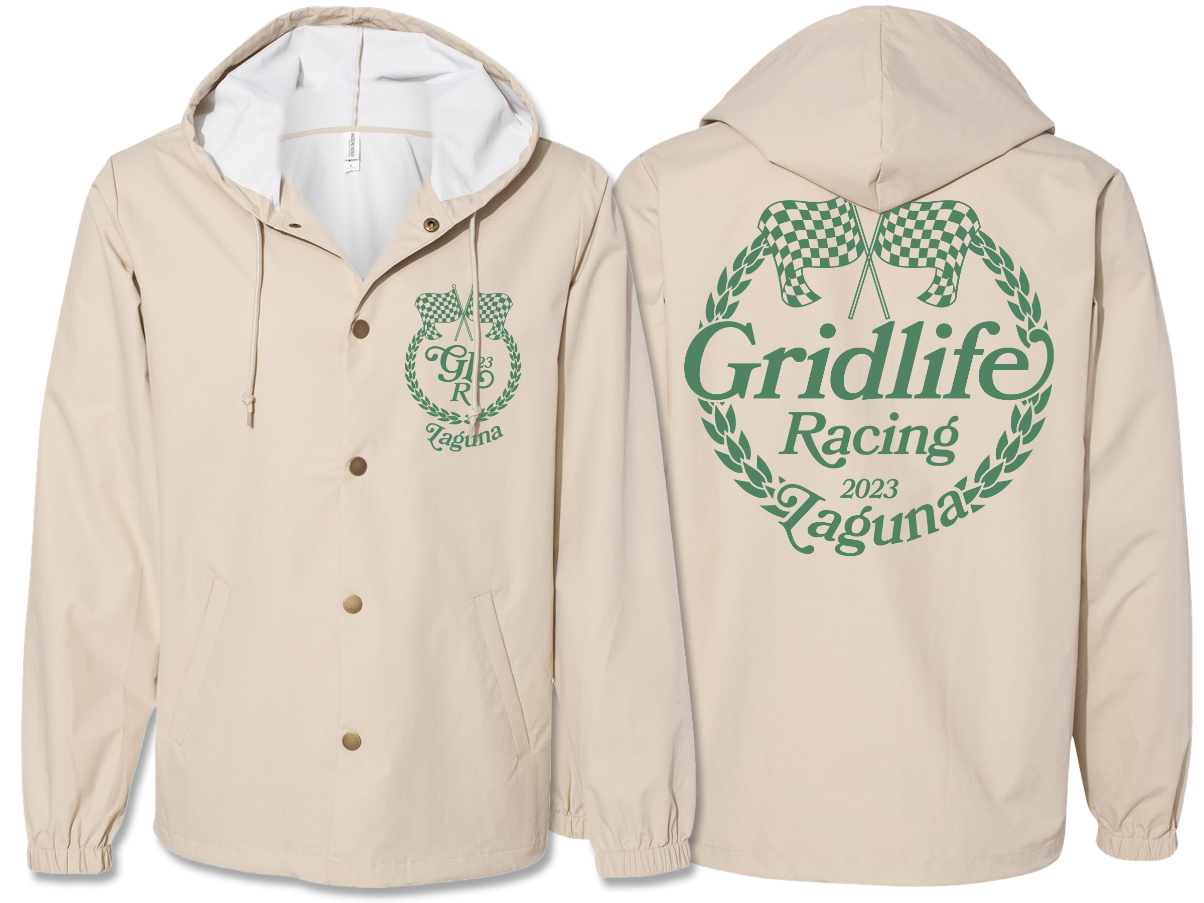 Image showing the front and back of the GRIDLIFE Racing Laguna crest hooded rain jacket