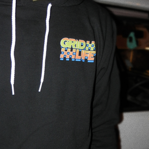 Up close shot of the logo on the GRIDLIFE Season 23 hoodie