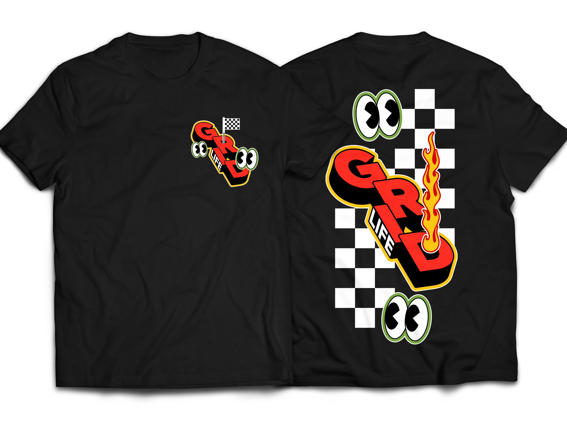 Black GRIDLIFE peekers t-shirt, showing front and back against white background. 