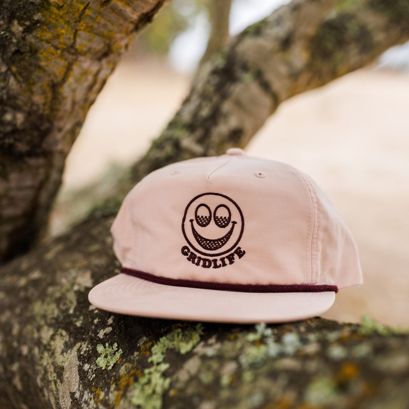 GRIDLIFE pink smiley logo hat on a tree branch