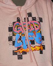 Up close shot of the logo on the GRIDLIFE Acid drip hoodie