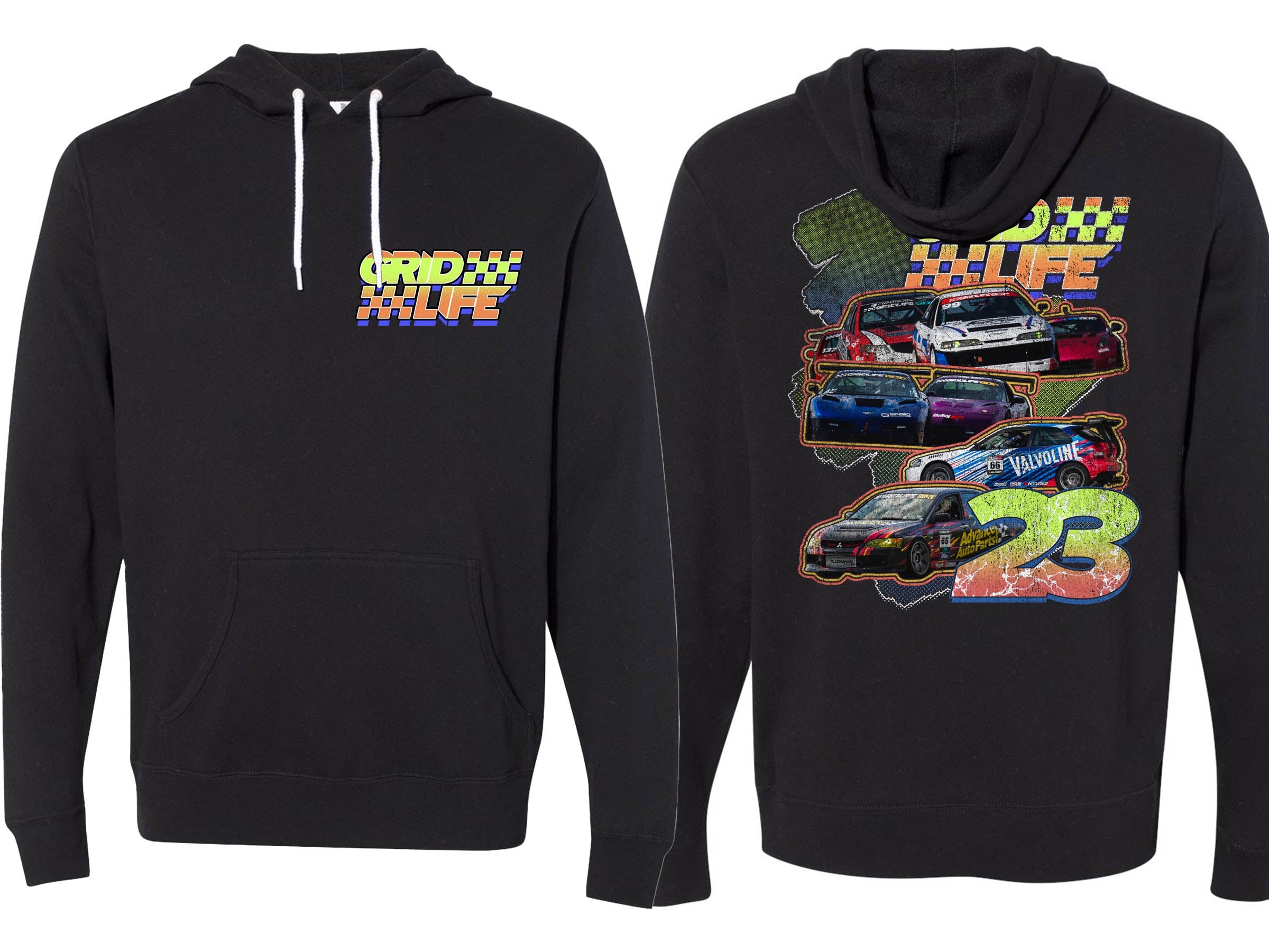 Images of the front and back side of the GRIDLIFE Season 23 hoodie